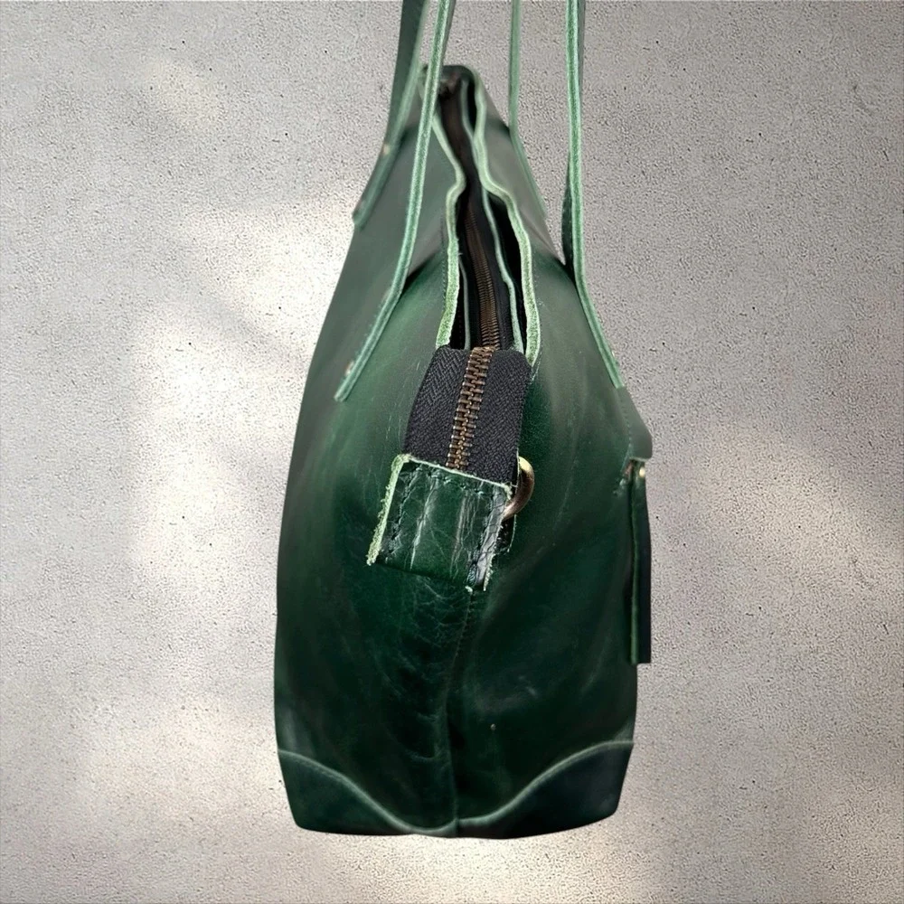 Montana Hudson Eva Leather Green Zip Tote Laptop Bag w/ Shoulder Strap